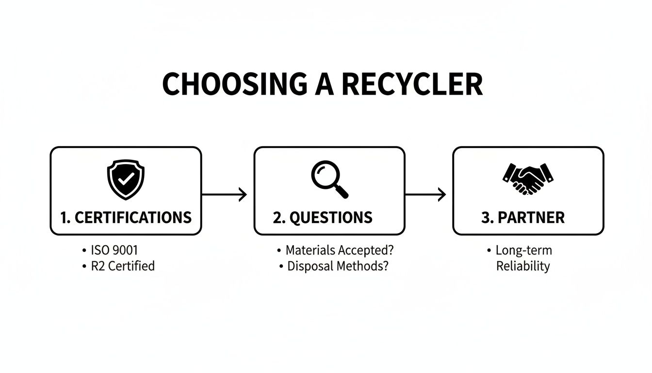 A flowchart titled 'Choosing a Recycler' outlines three steps: certifications, questions to ask, and partnering.