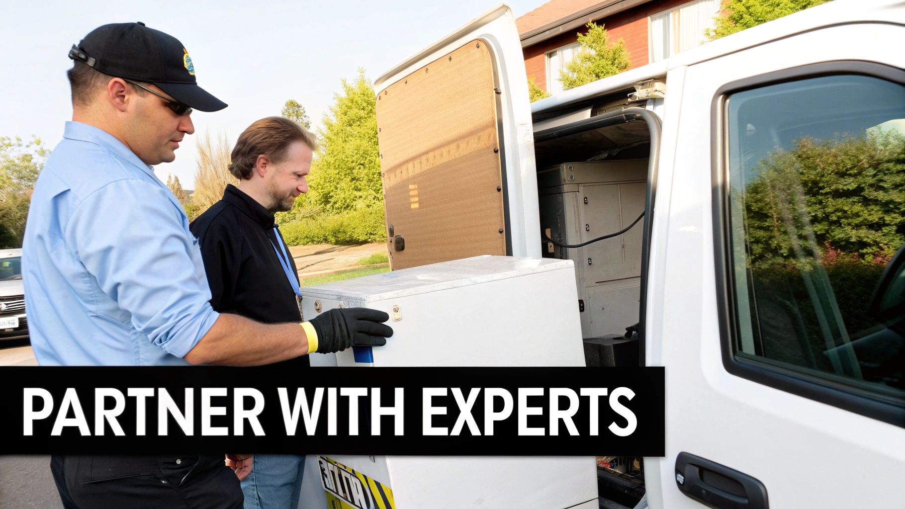 Two experts carefully load a secure container into a white service van, demonstrating secure transport.