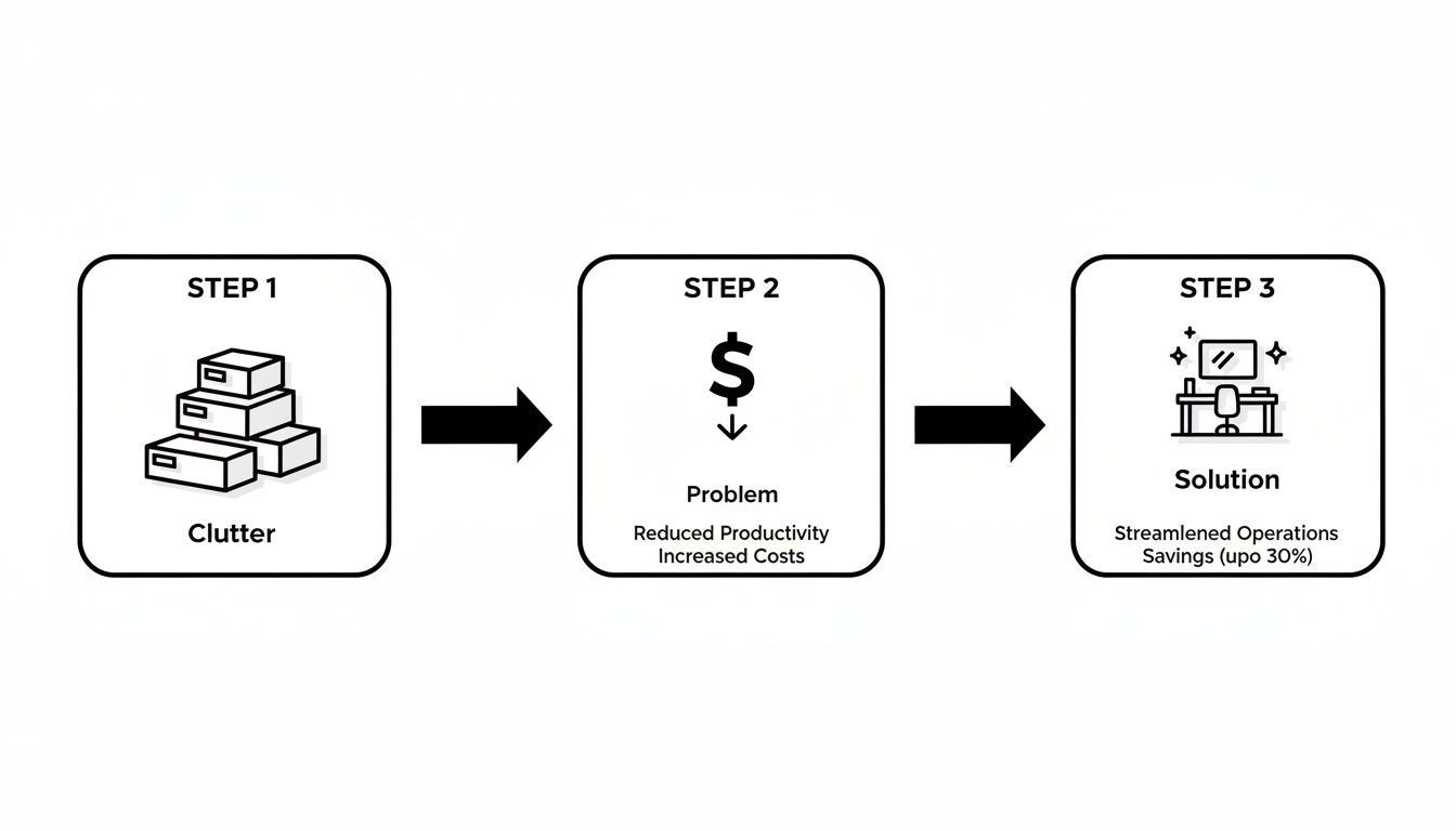 A diagram showing the progression from clutter to increased costs, then to a streamlined, saving solution.