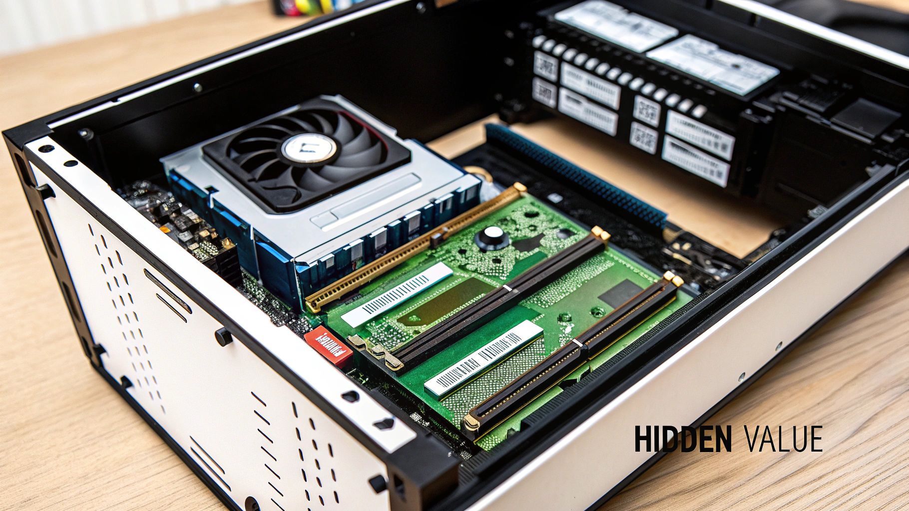 Close-up of internal PC components including CPU cooler, RAM modules, and storage bays.