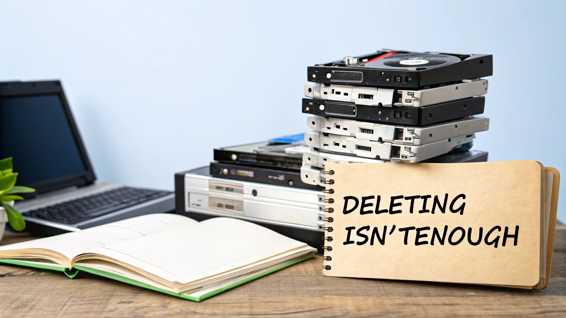A stack of old hard drives and optical drives next to a laptop with a notebook saying 'DELETING ISN'T ENOUGH', highlighting data destruction.