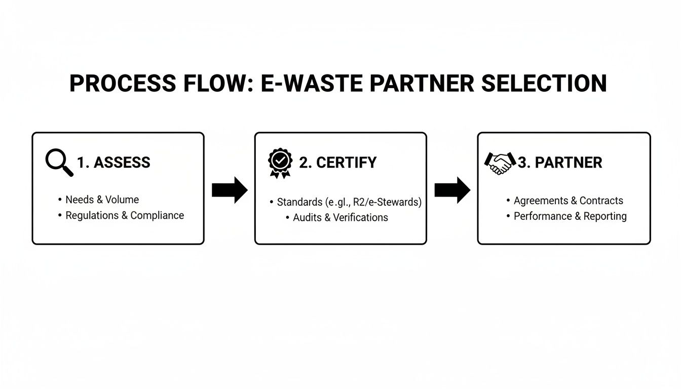 Process flow for E-waste Partner Selection outlining three key steps: Assess, Certify, and Partner.