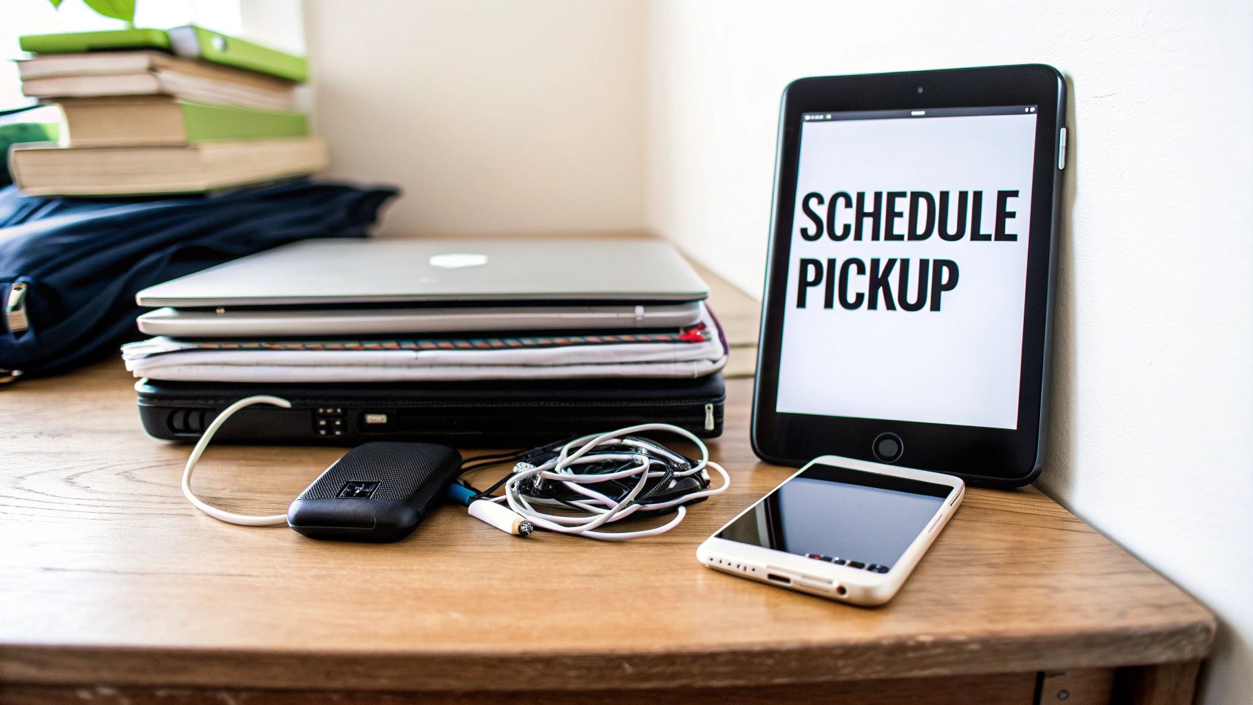 A stack of old electronics including a laptop, monitor, and keyboard waiting to be recycled