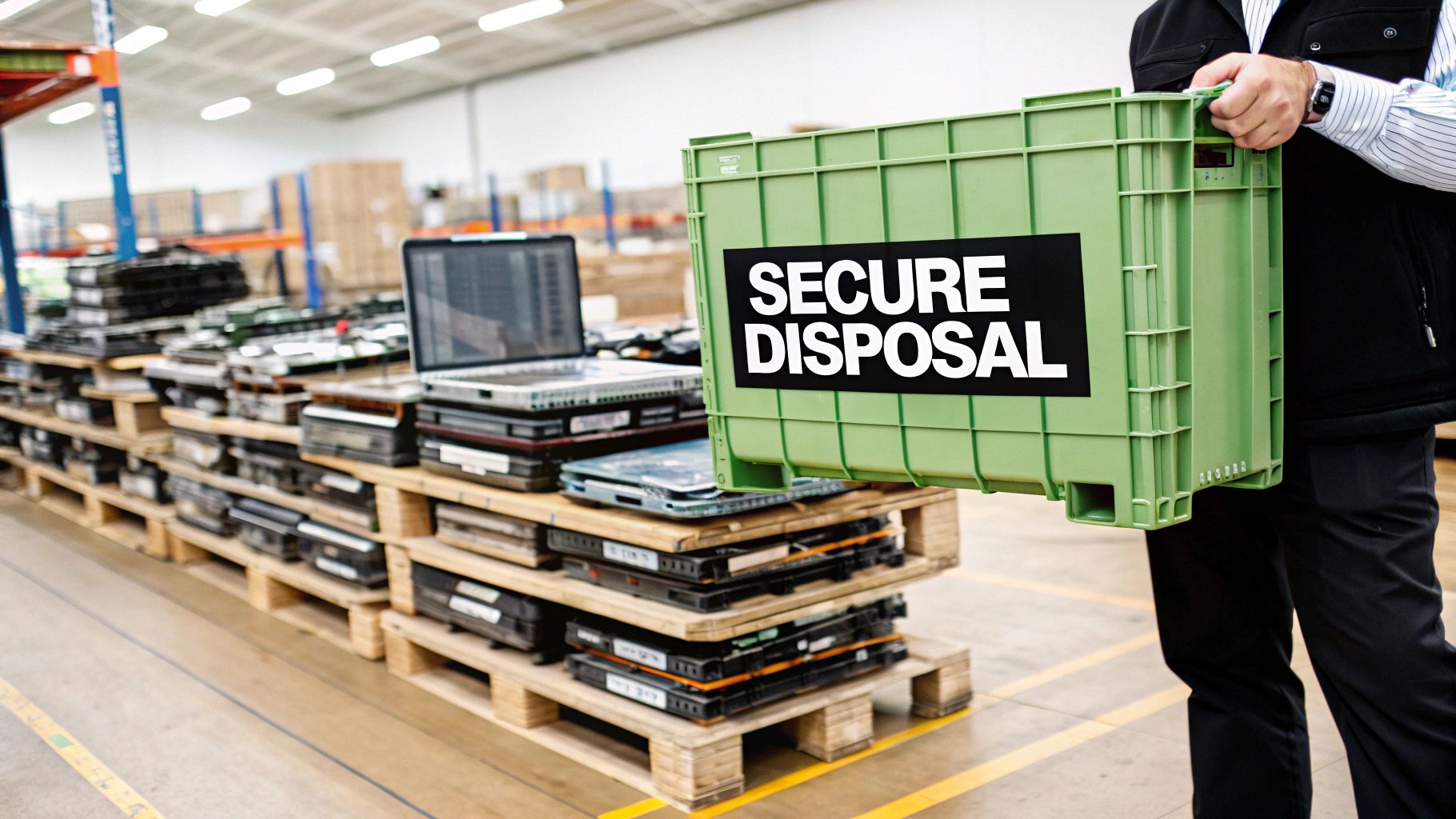 A person holds a 'Secure Disposal' crate in a warehouse filled with electronic waste on pallets.