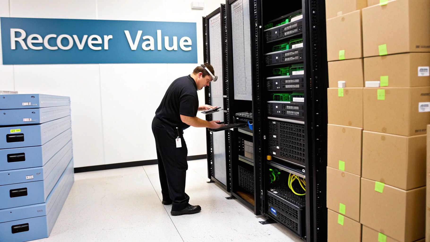 A technician works on server racks and e-waste, with a 'Recover Value' sign in an IT facility.