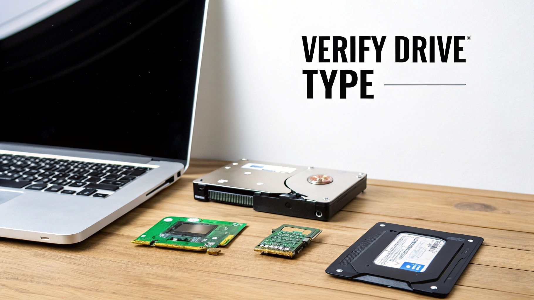 A laptop, an open hard drive, and various computer components on a wooden desk with “VERIFY DRIVE TYPE” on the wall.