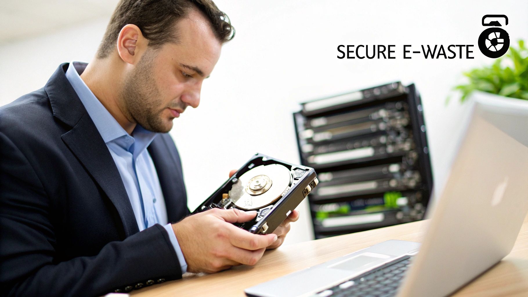 A man in a business suit inspecting an open hard drive at a desk, emphasizing secure e-waste.