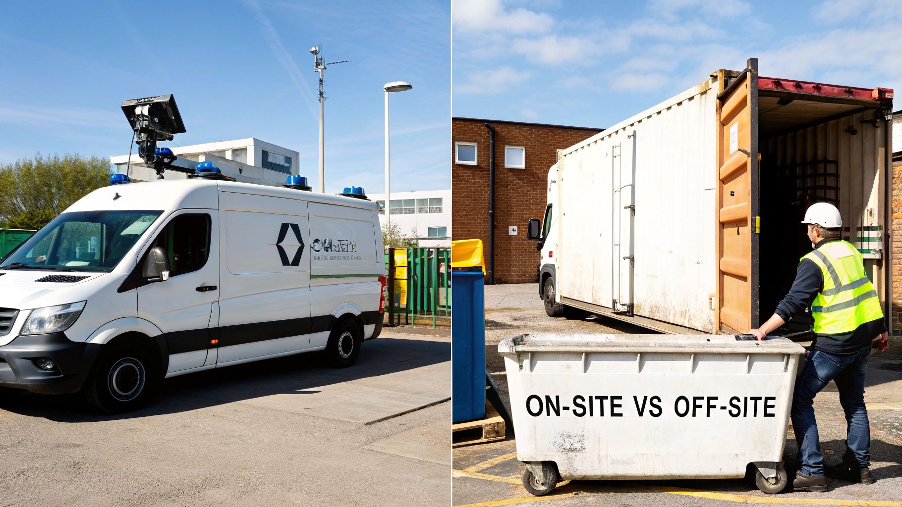 Secure data destruction: A mobile shredding van and worker with 'On-Site vs Off-Site' bin.