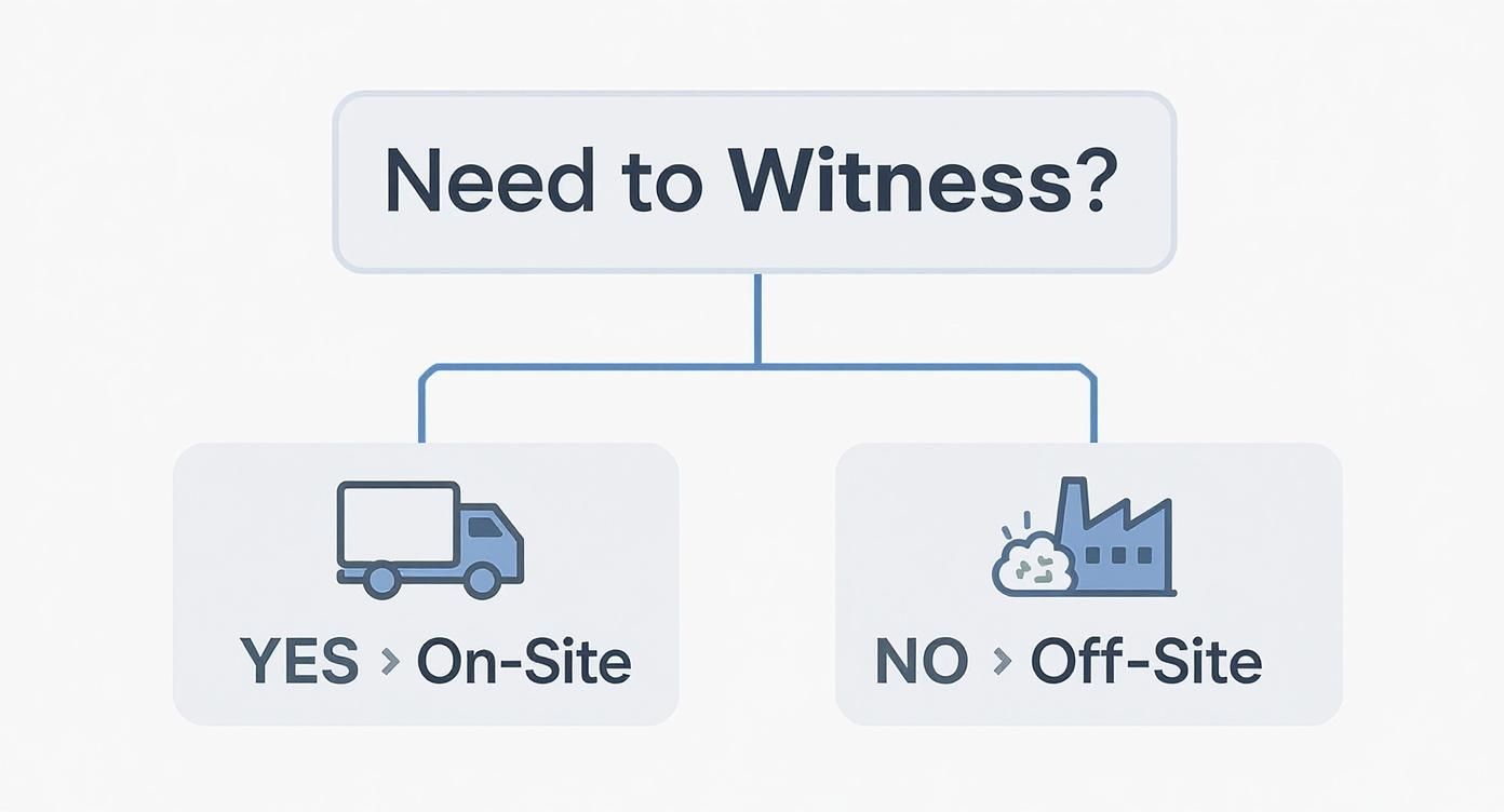 Flowchart diagram asking 'Need to Witness?', branching to 'YES > On-Site' with a truck icon or 'NO > Off-Site' with a factory icon.