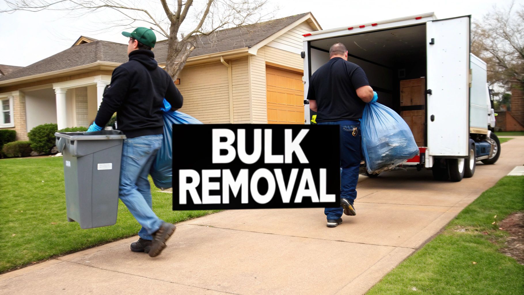 Workers carry large trash bags and bins, loading items into a truck for bulk removal.