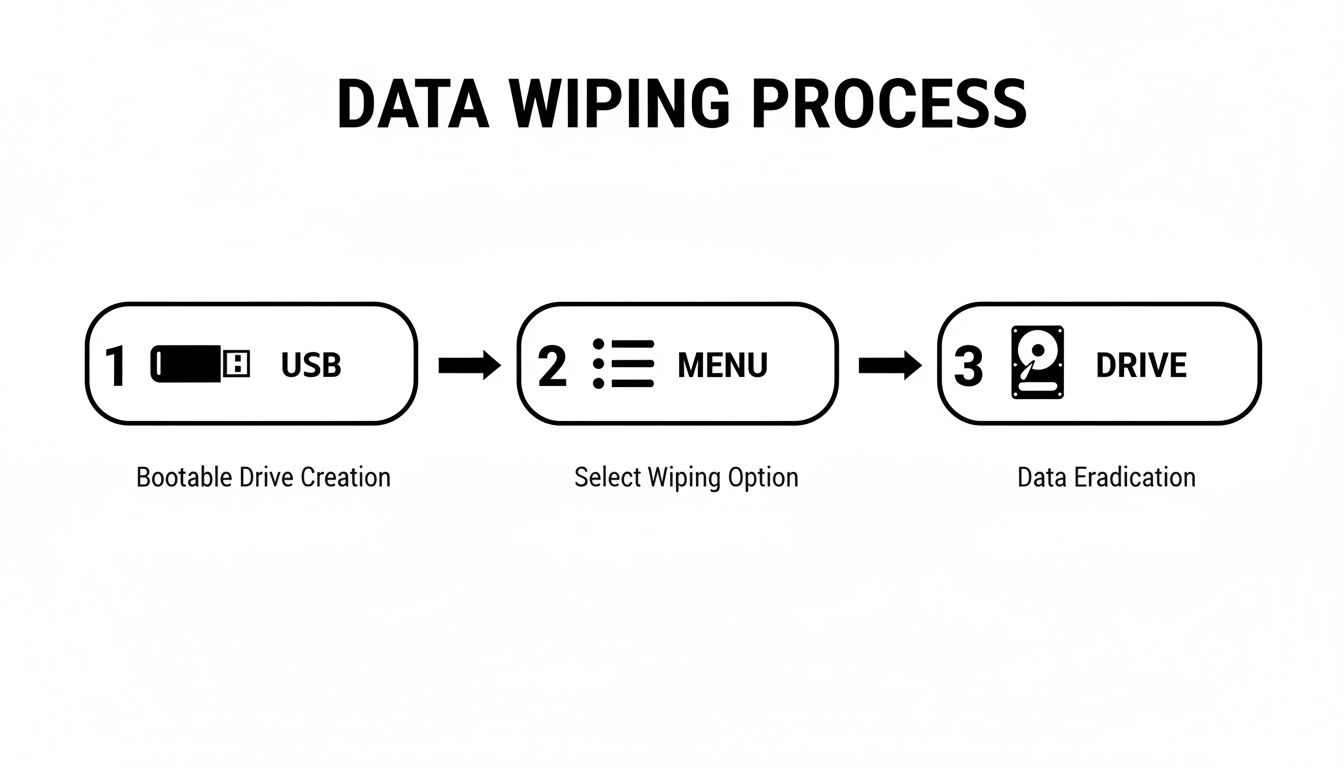 A three-step diagram illustrates the data wiping process, from creating a bootable USB to eradicating data from a drive.