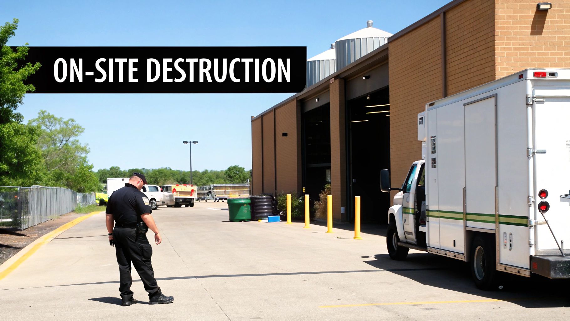 A security guard oversees a white truck positioned at a facility for secure on-site destruction.