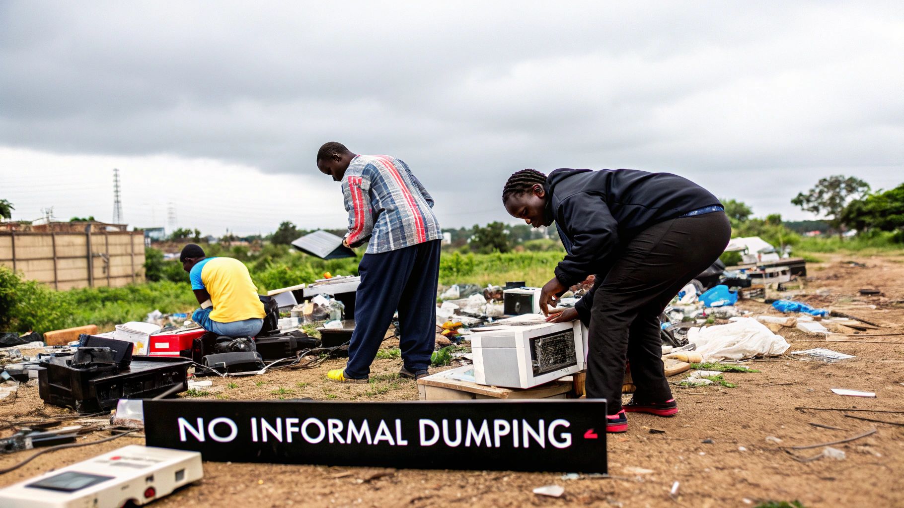 Workers sorting electronic waste at informal dumping site despite no dumping sign warning