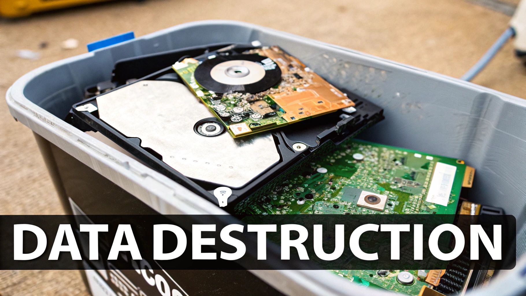 Disassembled hard drives and various circuit boards are seen in a gray bin, symbolizing data destruction.