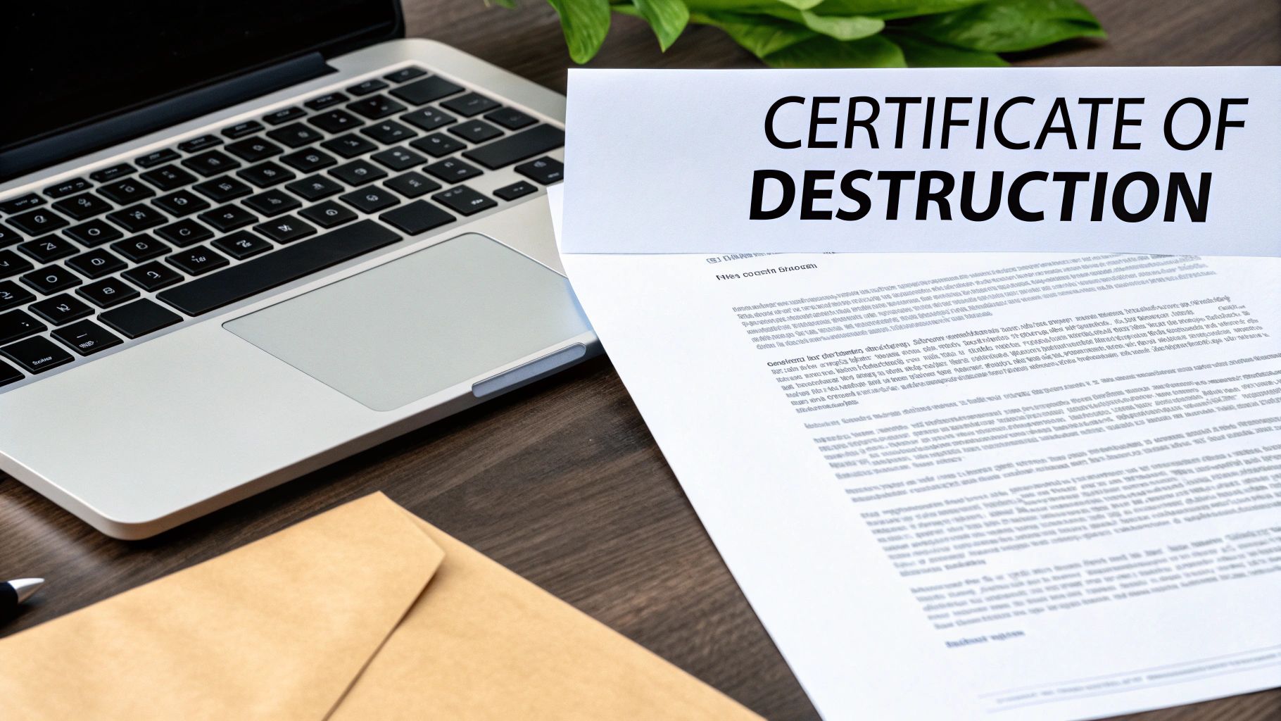 A laptop, an envelope, and a document titled 'Certificate of Destruction' on a wooden desk.