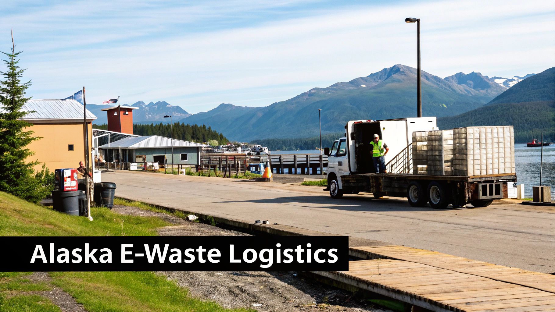 Worker loading e-waste containers onto a flatbed truck at an Alaskan dock with mountains.
