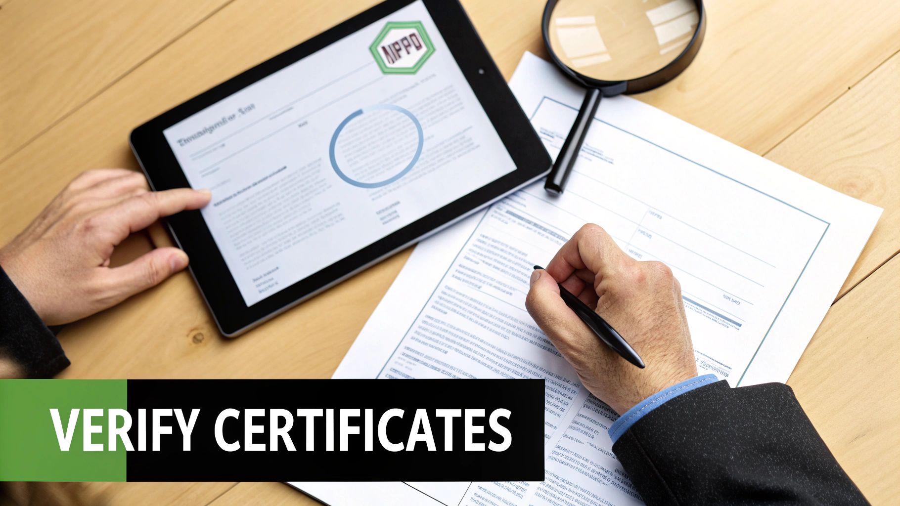 A person verifies certificates and documents using a tablet and pen on a wooden desk with a magnifying glass.