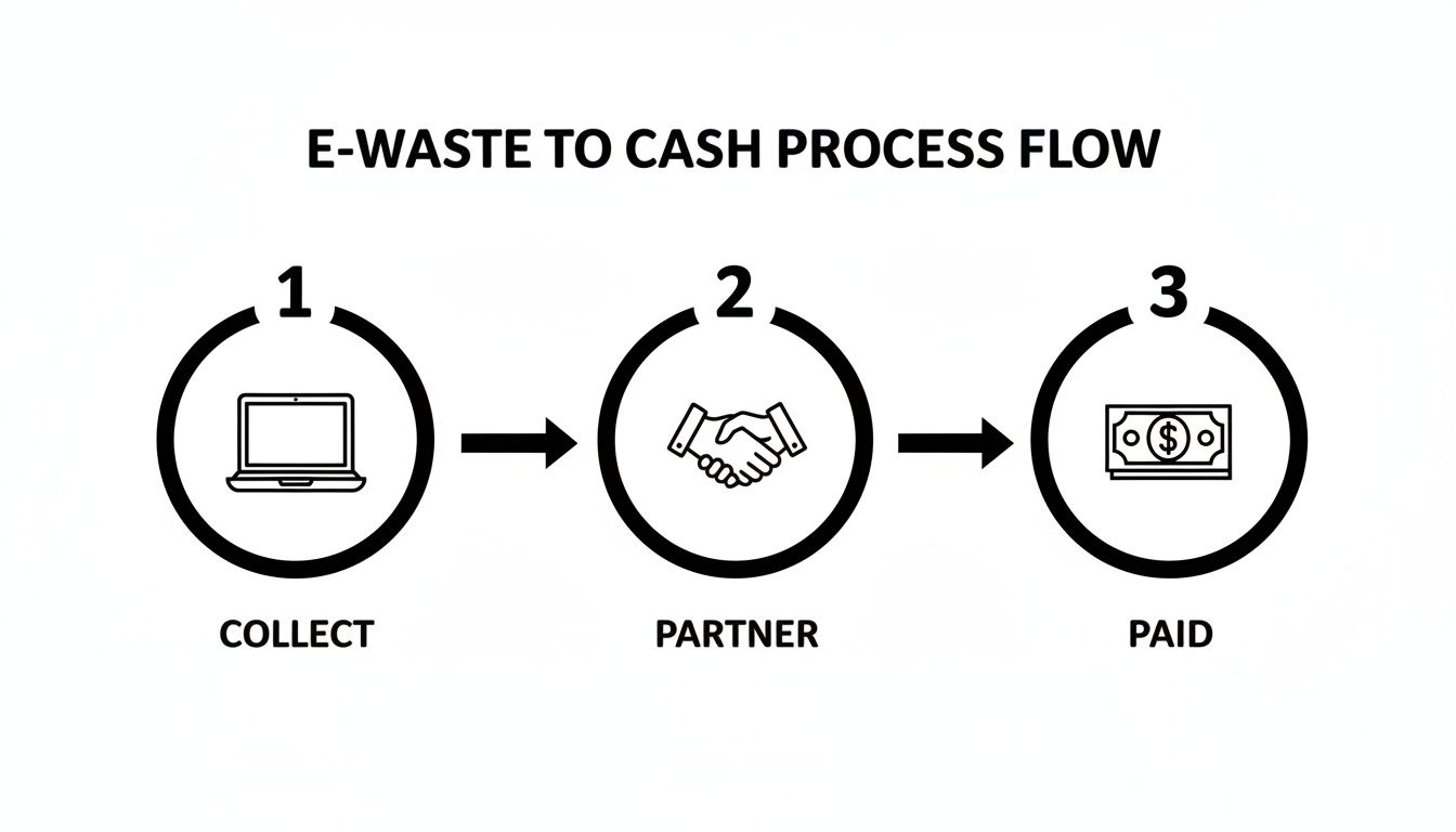 A three-step process flow diagram illustrating how e-waste is collected, partnered, and then paid.