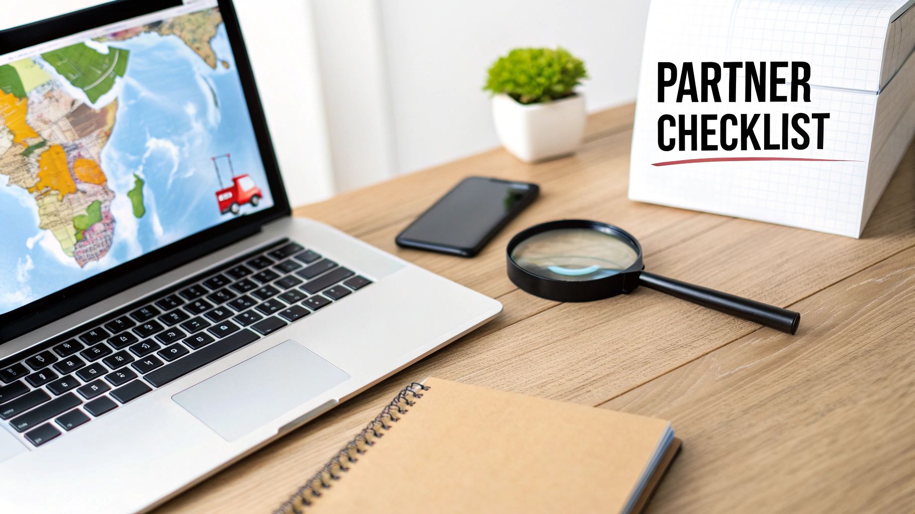 A desk with a laptop showing a world map, a magnifying glass, and a 'PARTNER CHECKLIST' notepad.