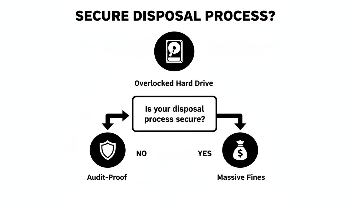 Flowchart illustrating secure data disposal process consequences for an Overlocked Hard Drive: Audit-Proof or Massive Fines.