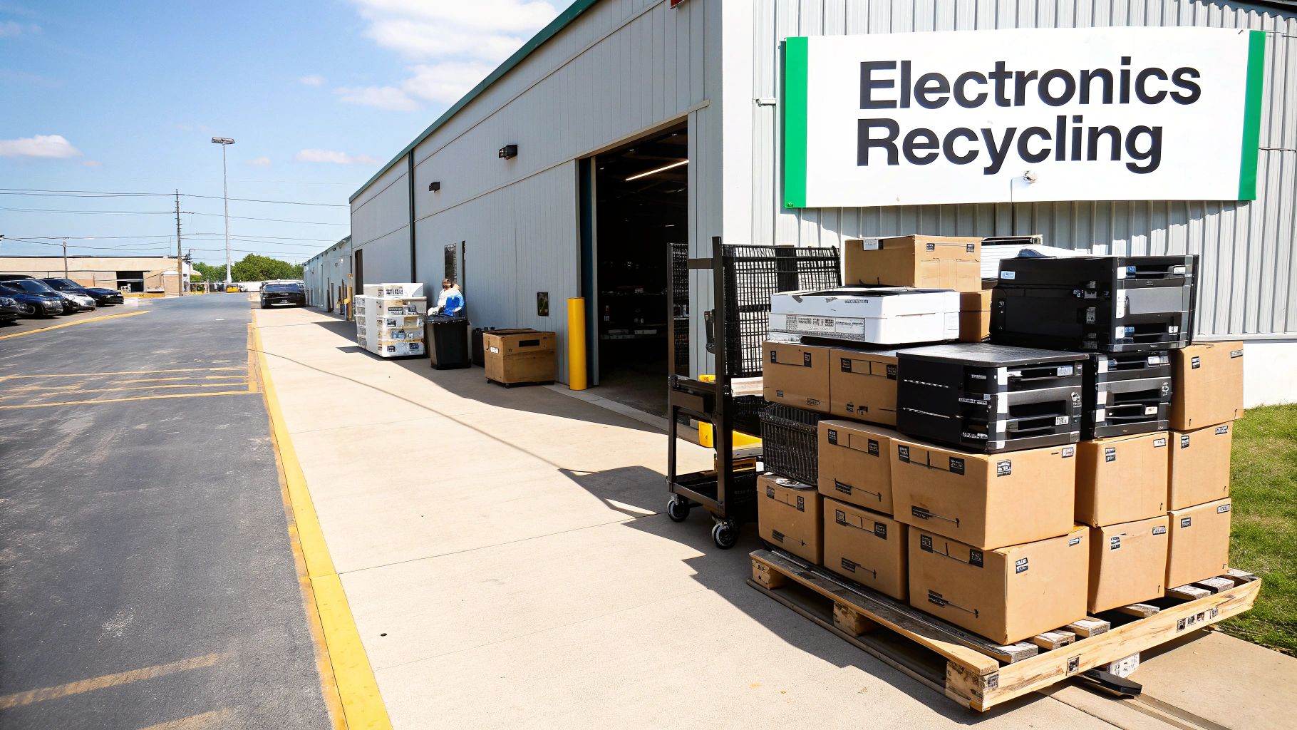 Exterior of an electronics recycling facility with stacked boxes and devices on pallets outside.