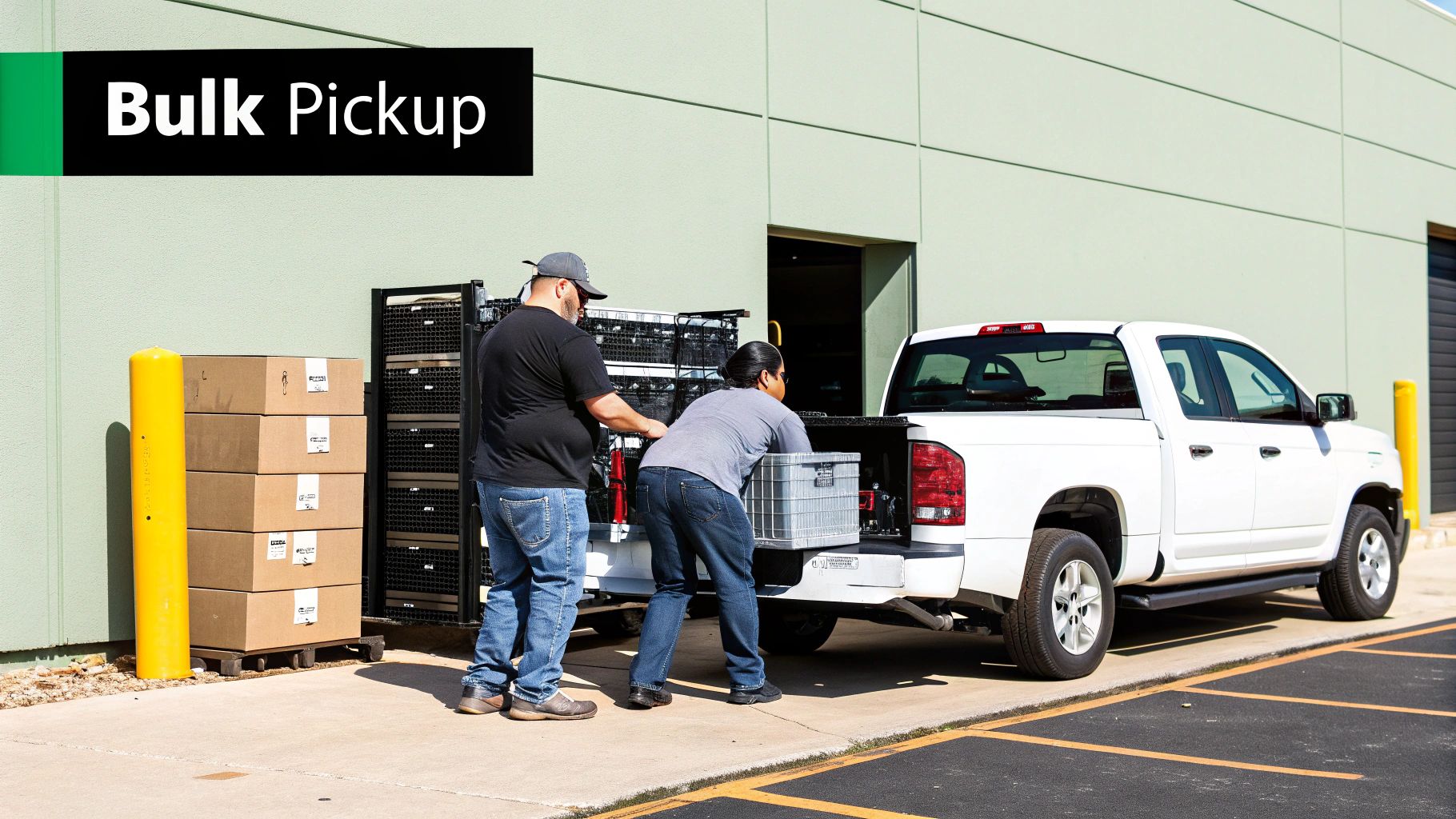 Two workers loading a large grey bin into a white pickup truck at a bulk pickup location.