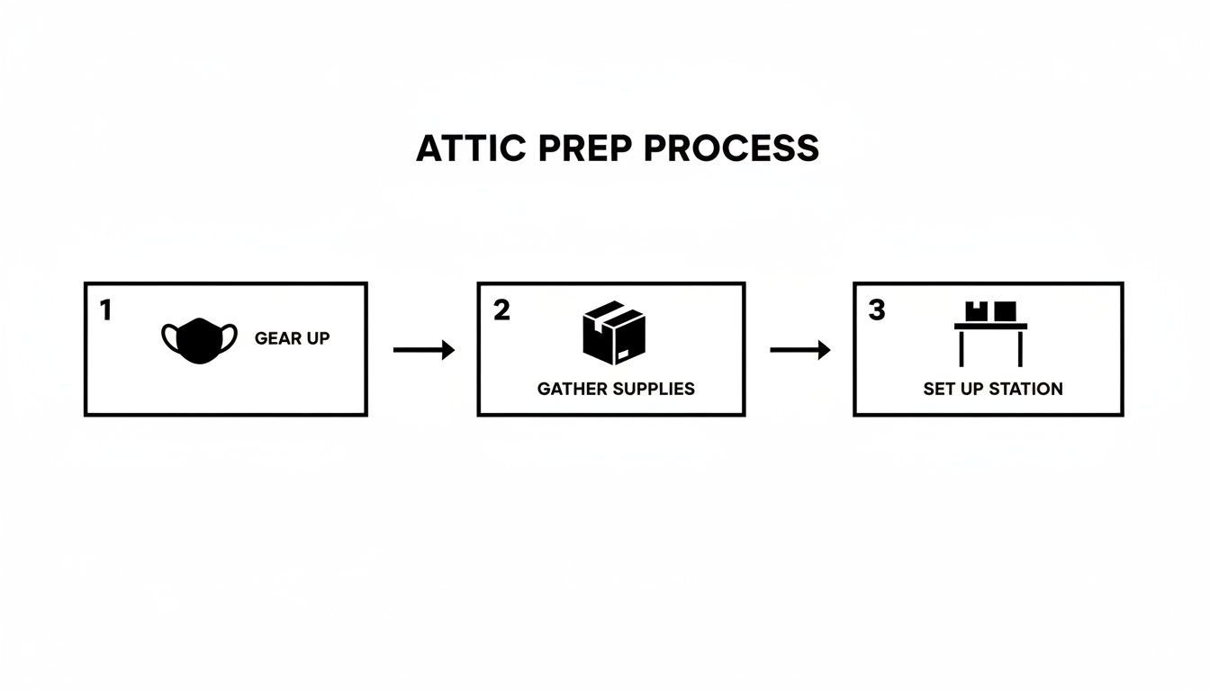 A three-step infographic outlining the attic prep process: gear up, gather supplies, and set up a station.