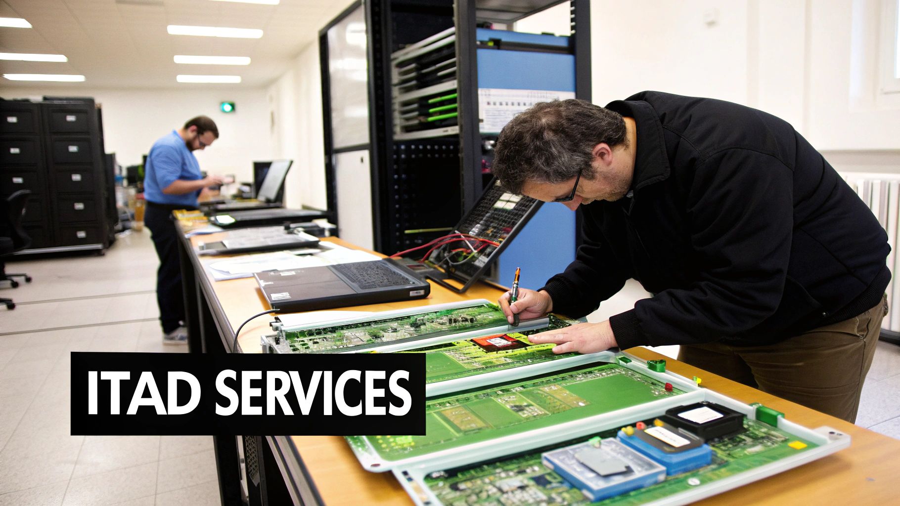 Two technicians working on electronics and circuit boards in an ITAD services center.