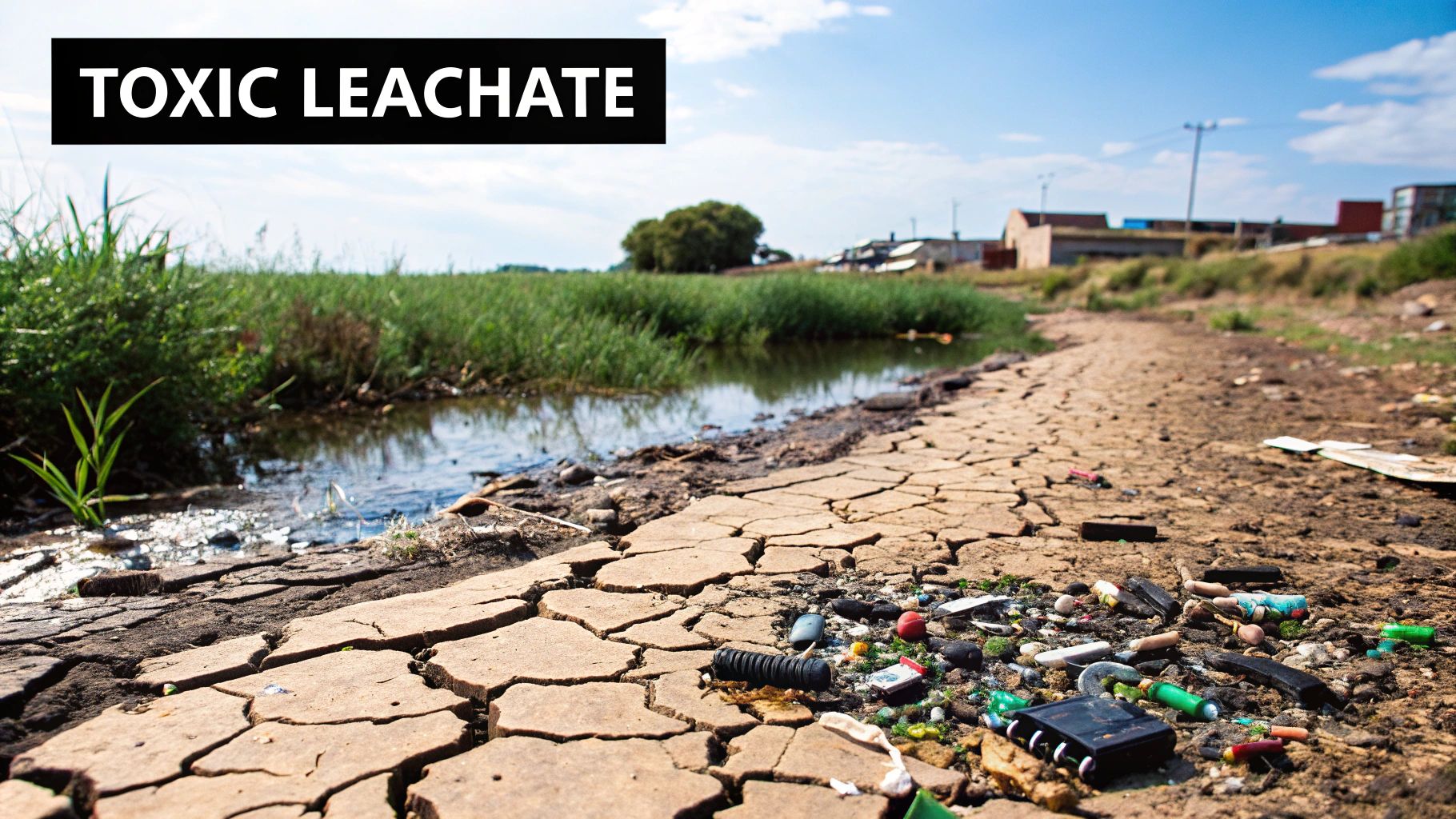 A cracked, discarded cell phone lies in muddy soil, symbolizing contamination