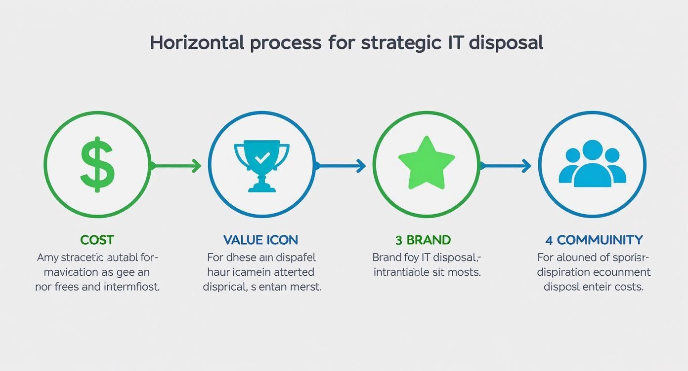 Horizontal flowchart detailing strategic IT disposal with icons for cost, value, brand, and community.