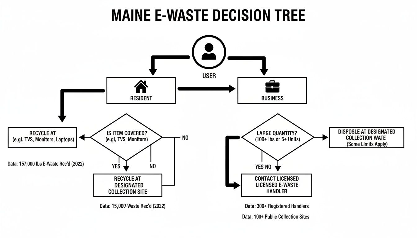 Flowchart illustrating Maine's e-waste decision tree for residents and businesses regarding electronic waste recycling.