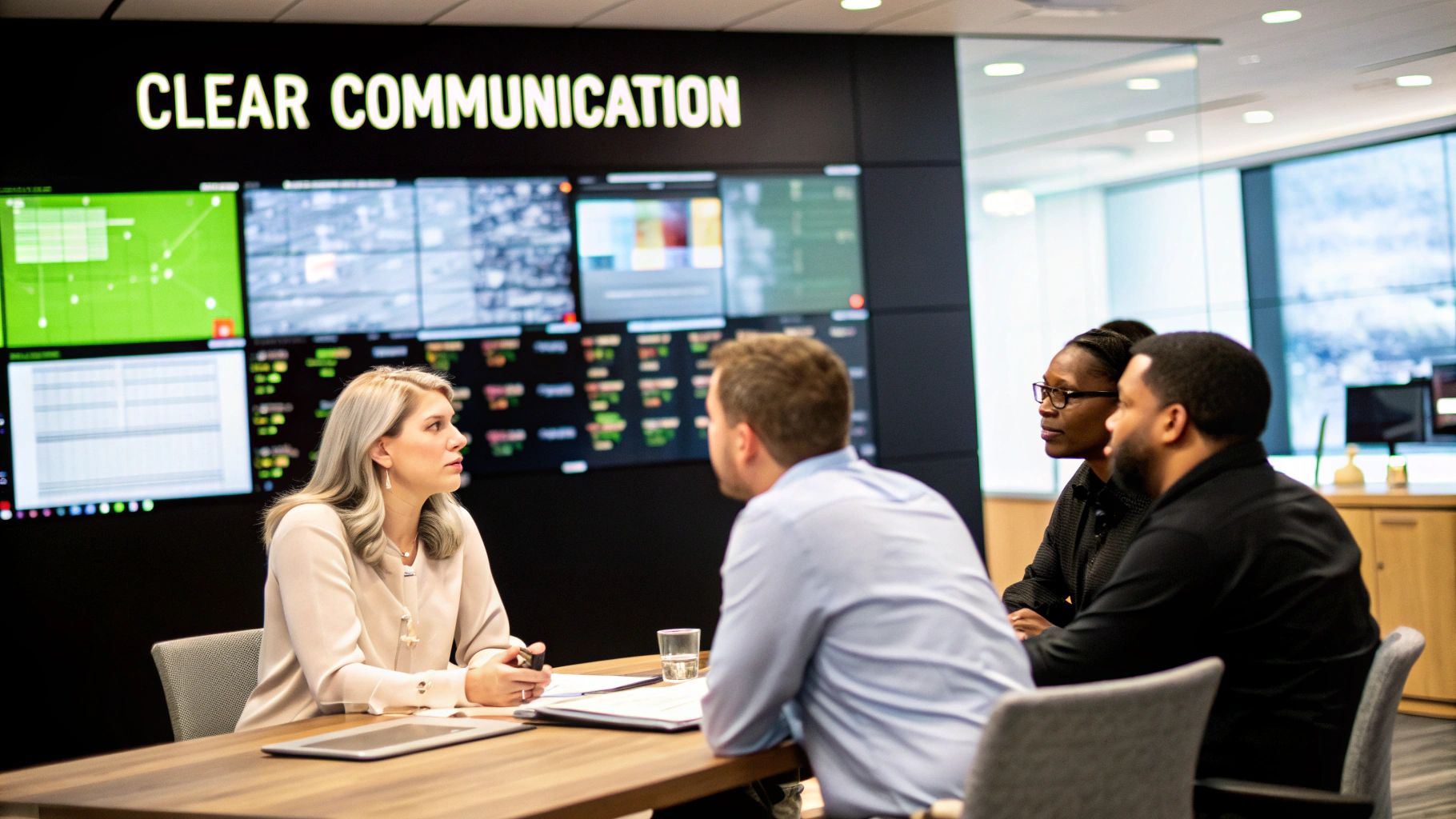 Diverse professionals actively collaborating in a modern control room with large data screens.