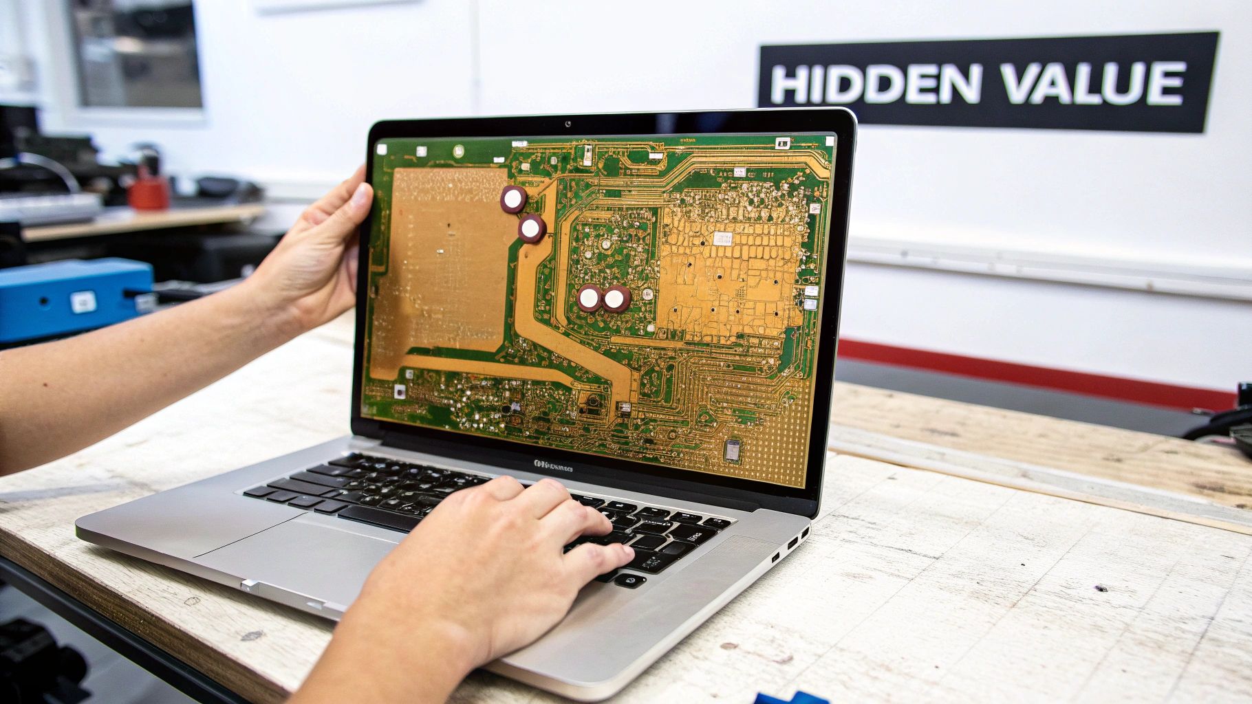 A person's hands interact with a laptop displaying a detailed circuit board diagram on a wooden desk.