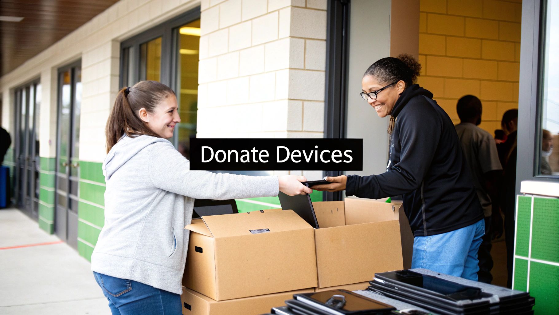 Two women exchanging a laptop outside a recycling center, with boxes for device donations visible, promoting electronics recycling and sustainable IT asset disposition.