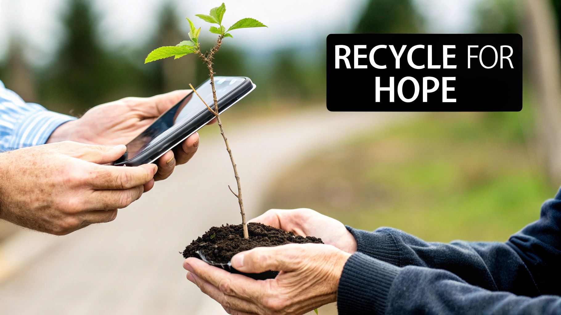 A lush, green forest with sunlight filtering through the trees, representing the reforestation efforts funded by recycling.