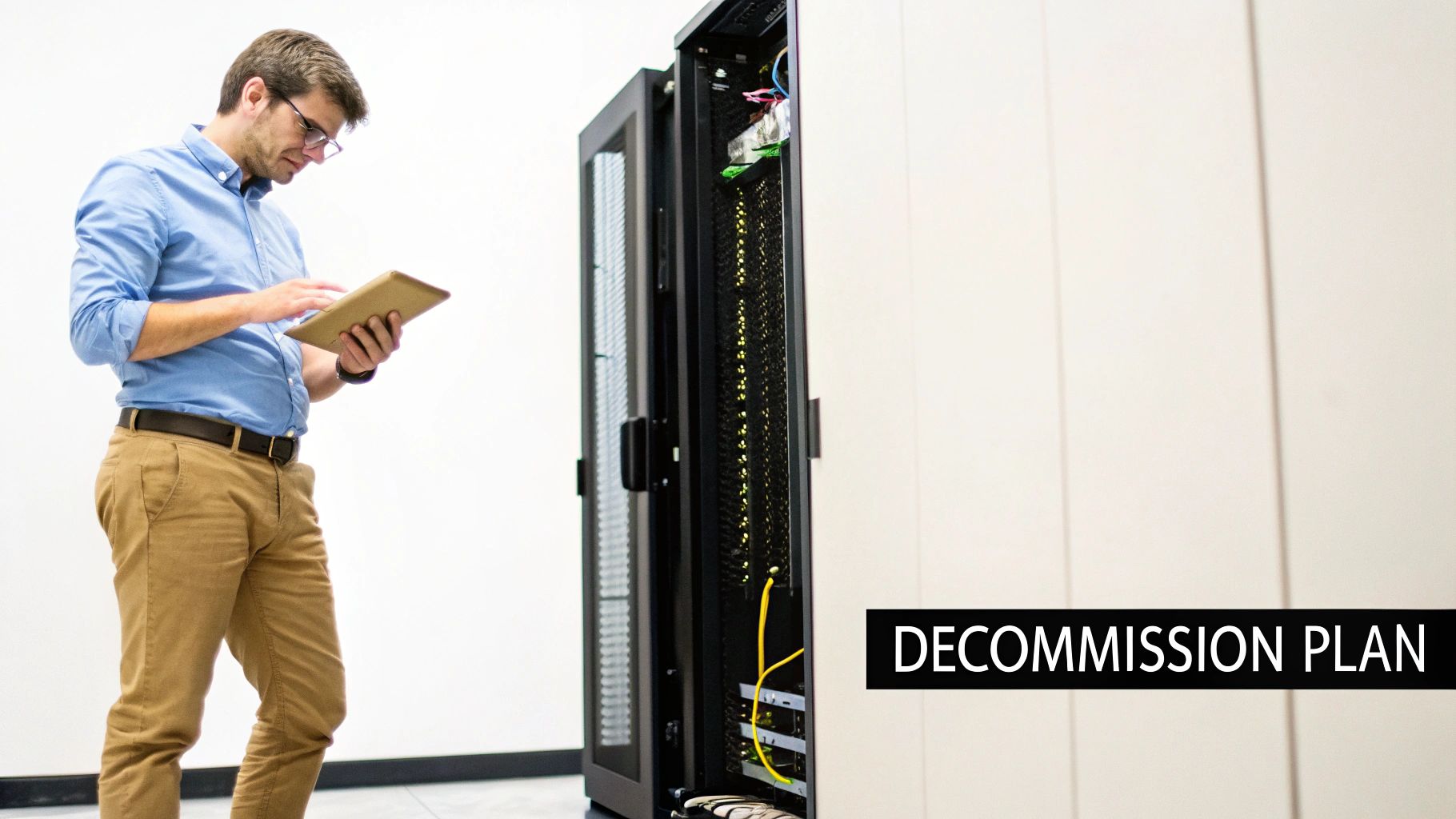An IT professional reviews a 'DECOMMISSION PLAN' on a tablet in a modern server room.
