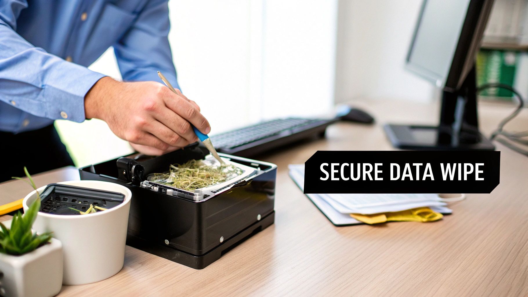 A person performing a secure data wipe on an electronic device on a desk with a tool.