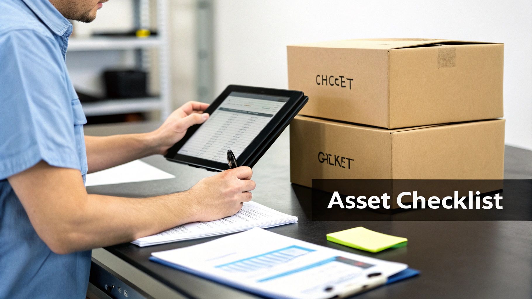 A person in a blue shirt reviewing a digital asset checklist on a tablet, with boxes and documents on a desk.