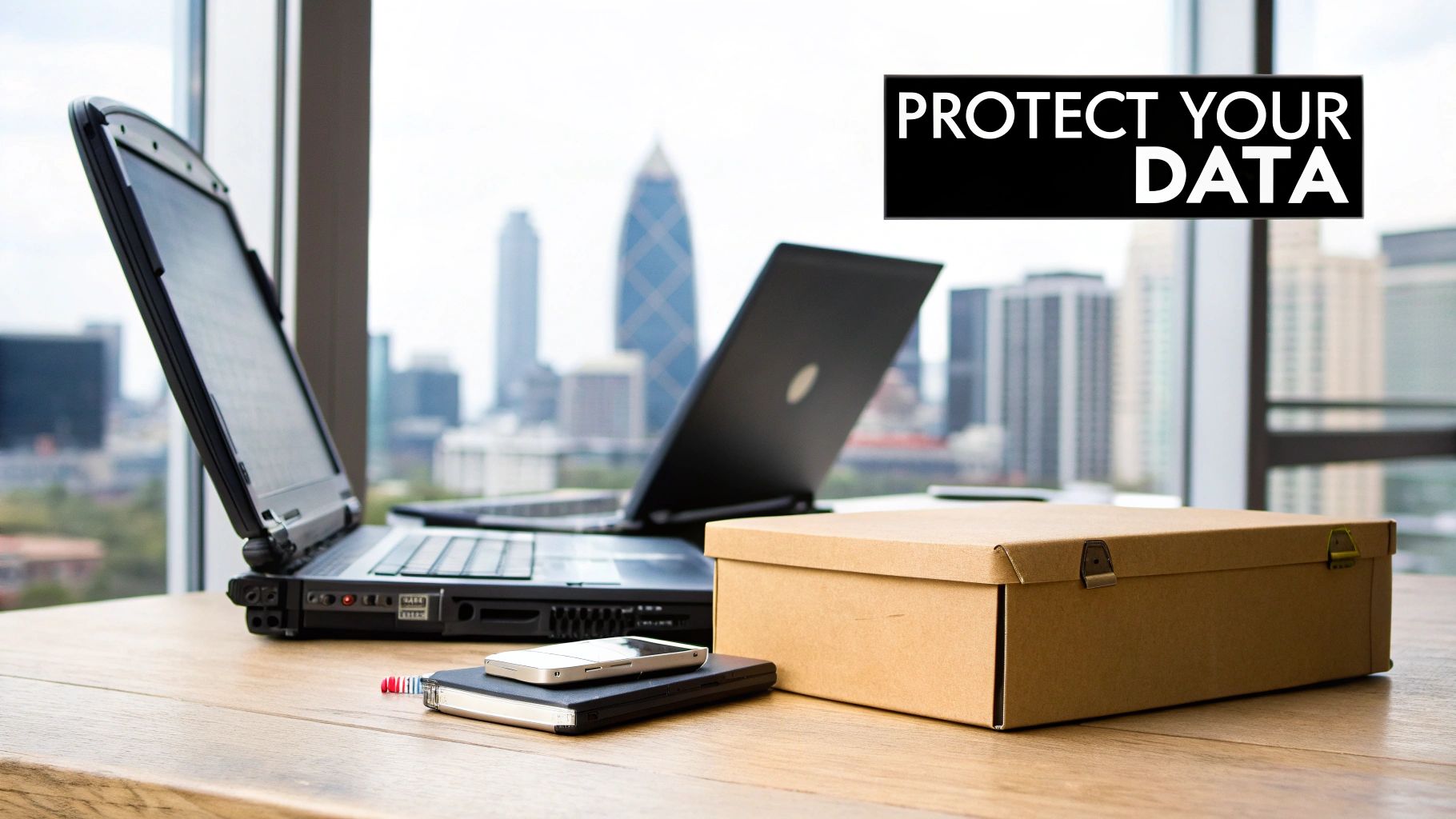 A desk with two laptops, a smartphone, a notebook, and a box, overlooking a city skyline. A black banner reads 'PROTECT YOUR DATA'.