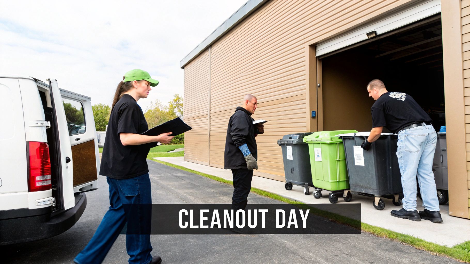 Three workers on cleanout day, moving large bins near a white van and a storage unit building.