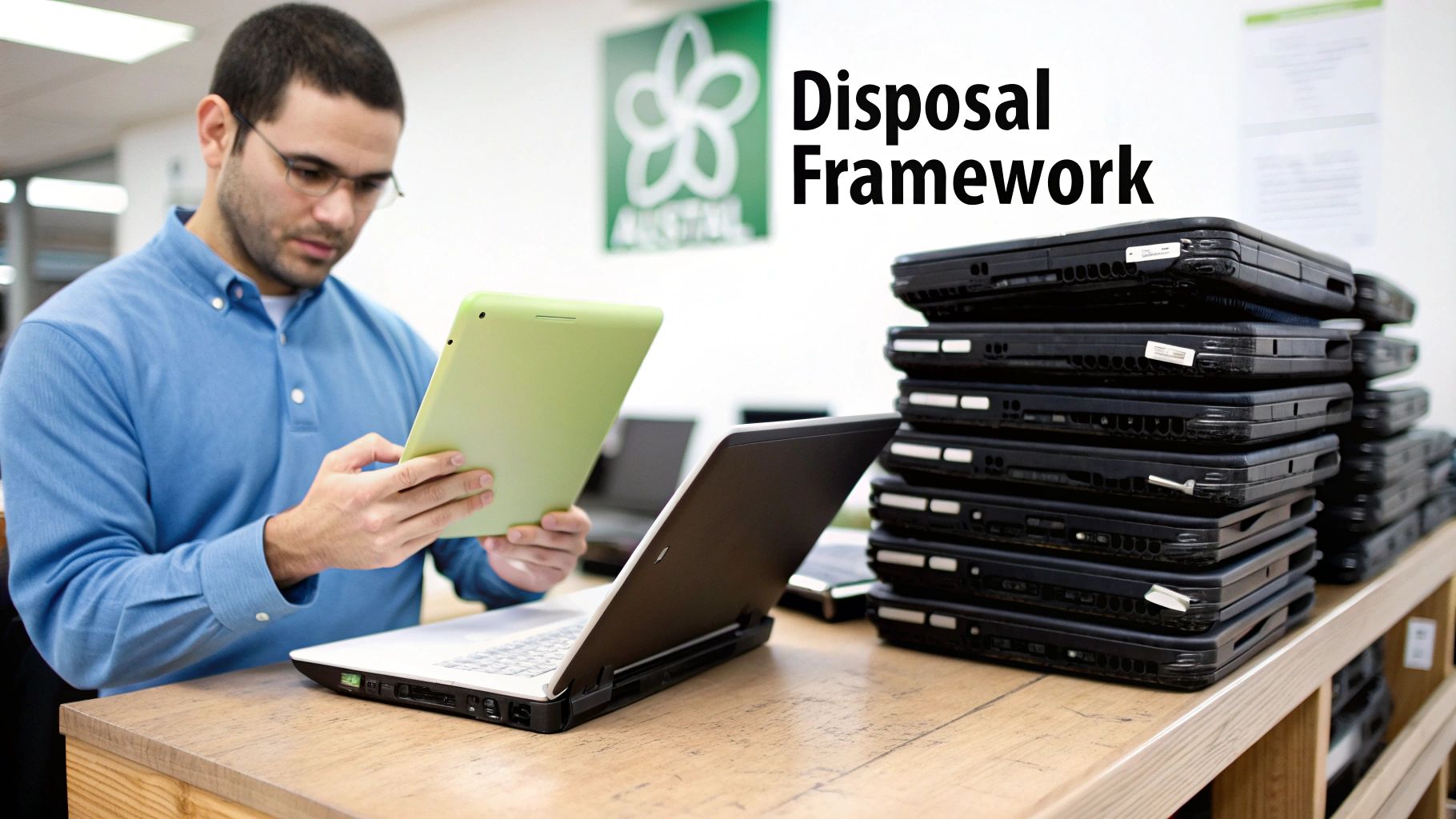 Man examining a green tablet next to stacked laptops for electronic disposal, with 'Disposal Framework' text.