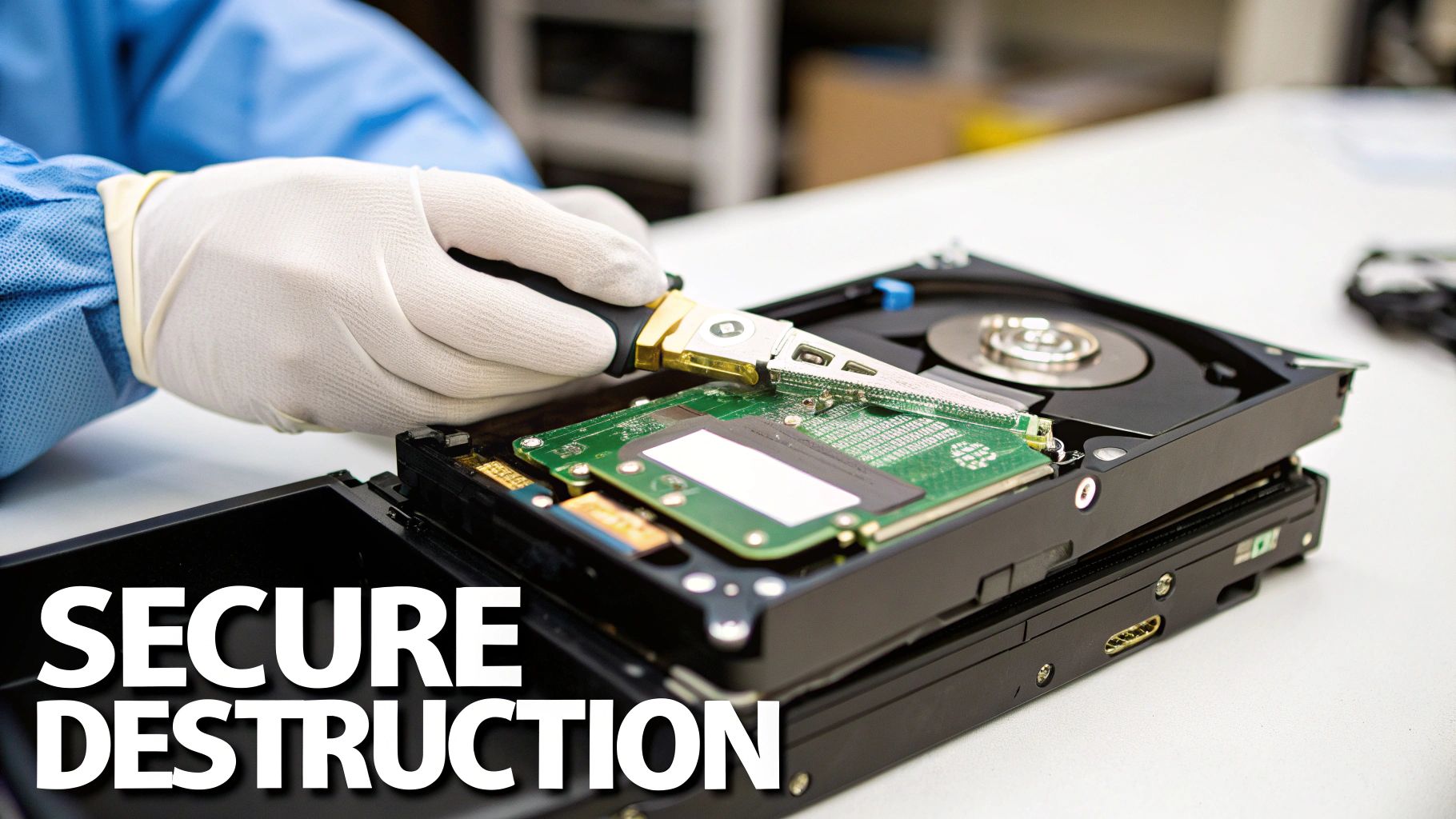 A close-up of a hard drive being securely shredded by industrial machinery.
