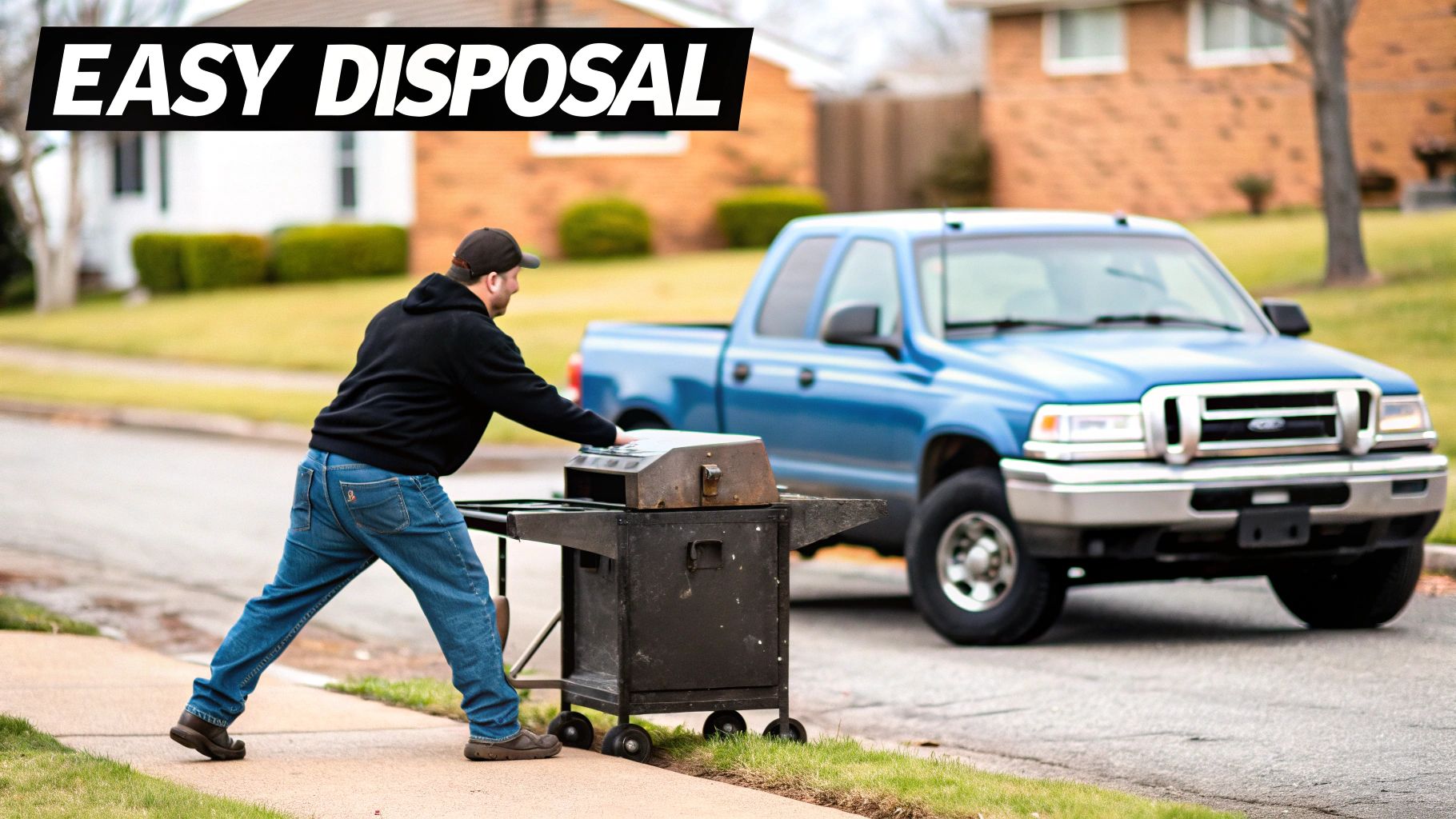 A person comparing different icons representing scrap yards, municipal trucks, and professional junk removal services on a smartphone.