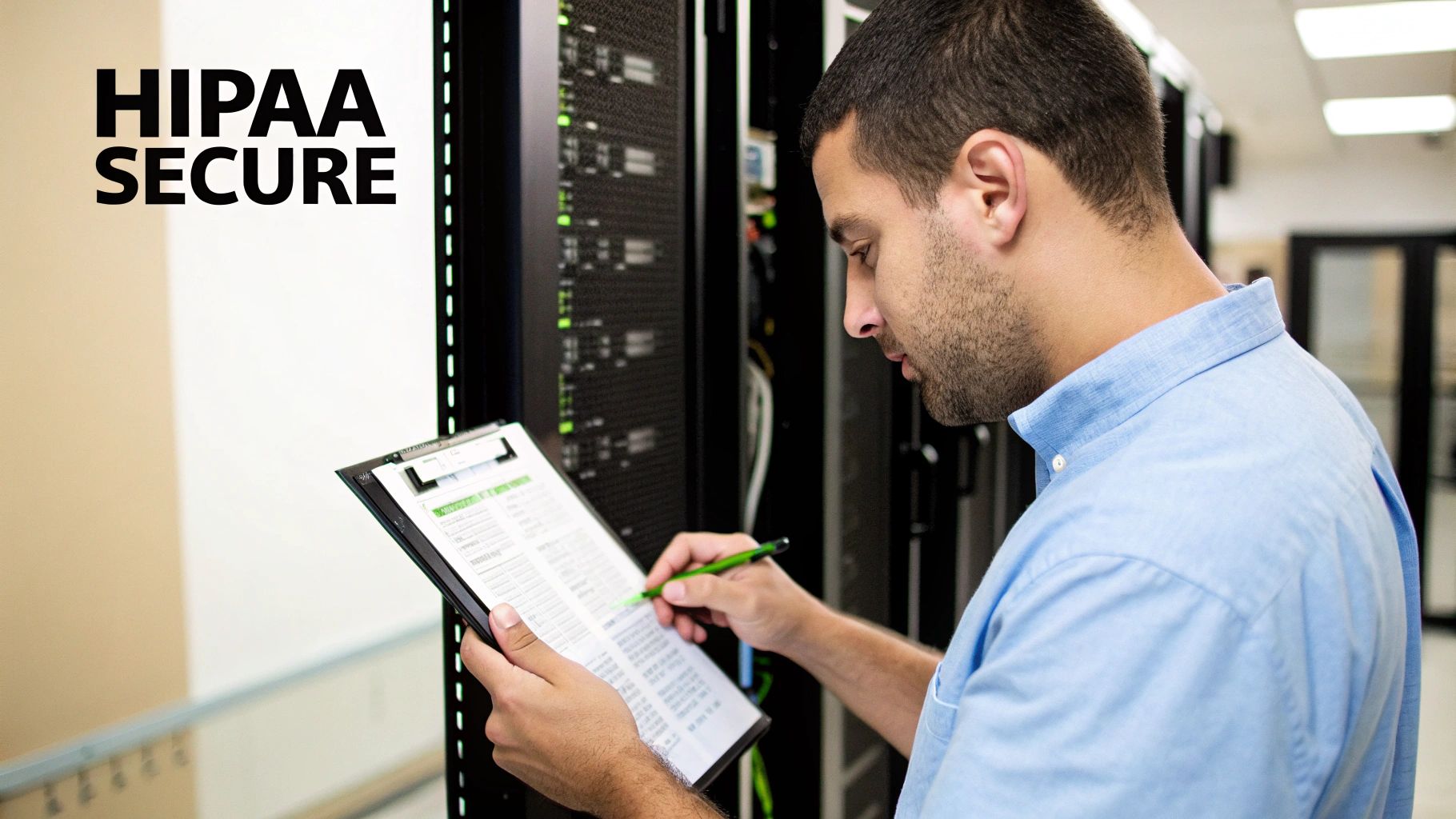 Man reviewing documents in a server room, highlighting HIPAA secure data management.