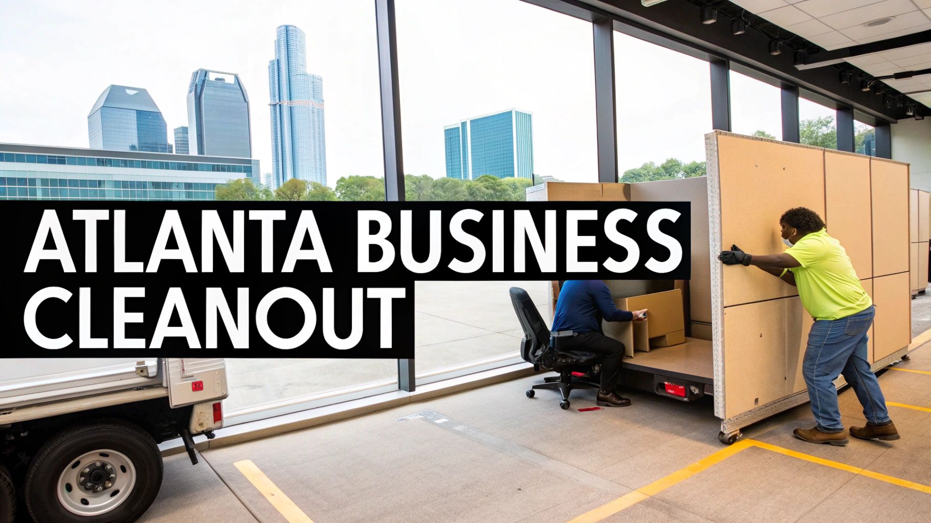 Workers in Atlanta clean out an office, moving large items and boxes with a city view.