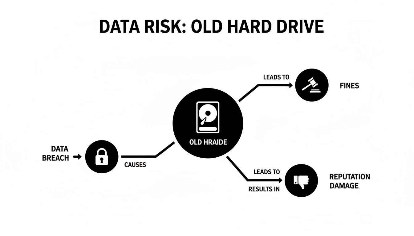 Flowchart illustrating data risk associated with old hard drives, showing how data breaches lead to fines and reputation damage.