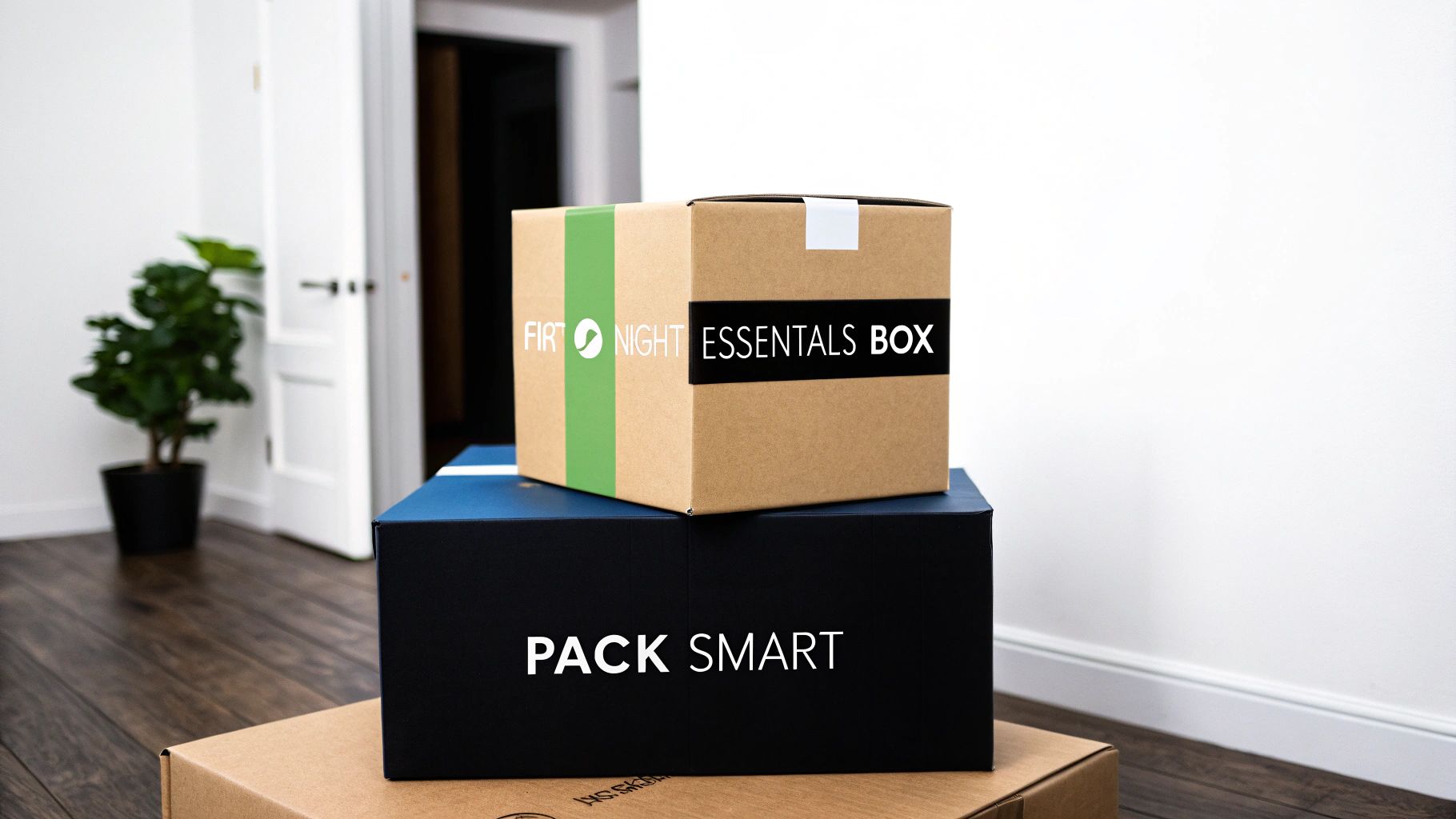 A stack of brown and black moving boxes in a clean room, one labeled 'FIRT NIGHT ESSENTIALS BOX' and another 'PACK SMART'.