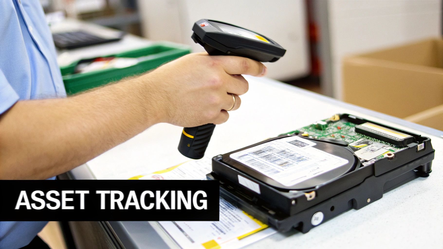 A person scans a computer hard drive with a handheld device for asset tracking purposes.