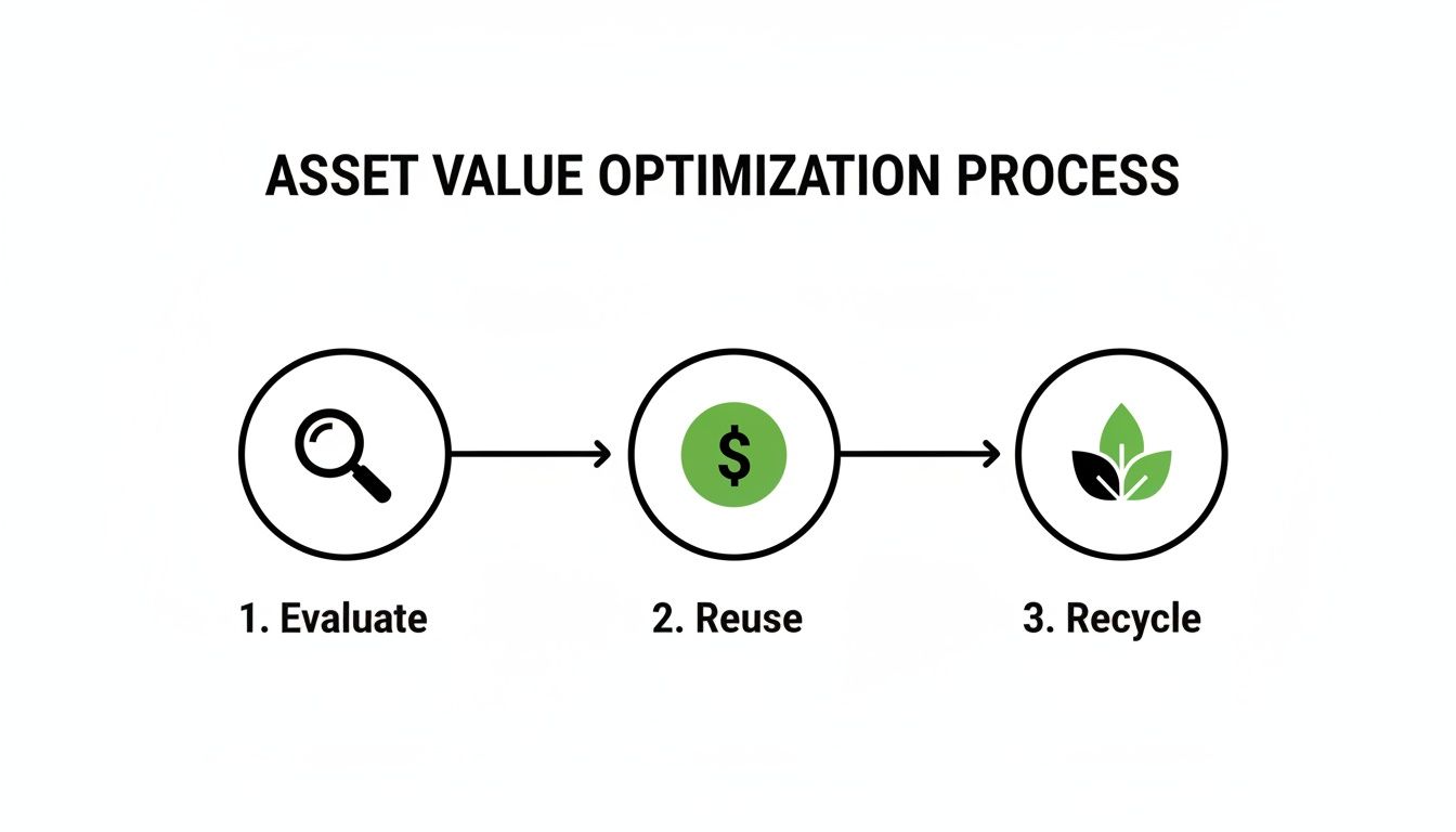 Diagram illustrating the Asset Value Optimization Process with steps: Evaluate, Reuse, Recycle.