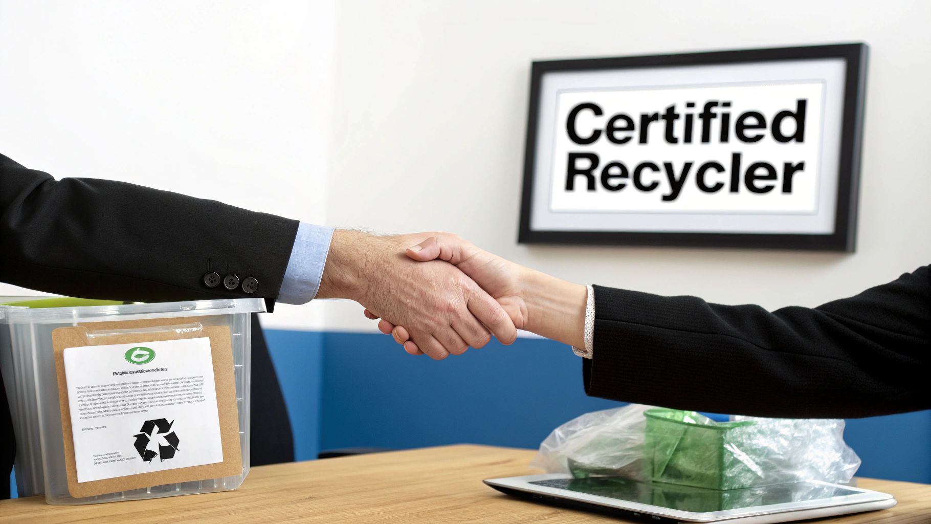 Two business people shake hands over a recycling bin, with a "Certified Recycler" sign.